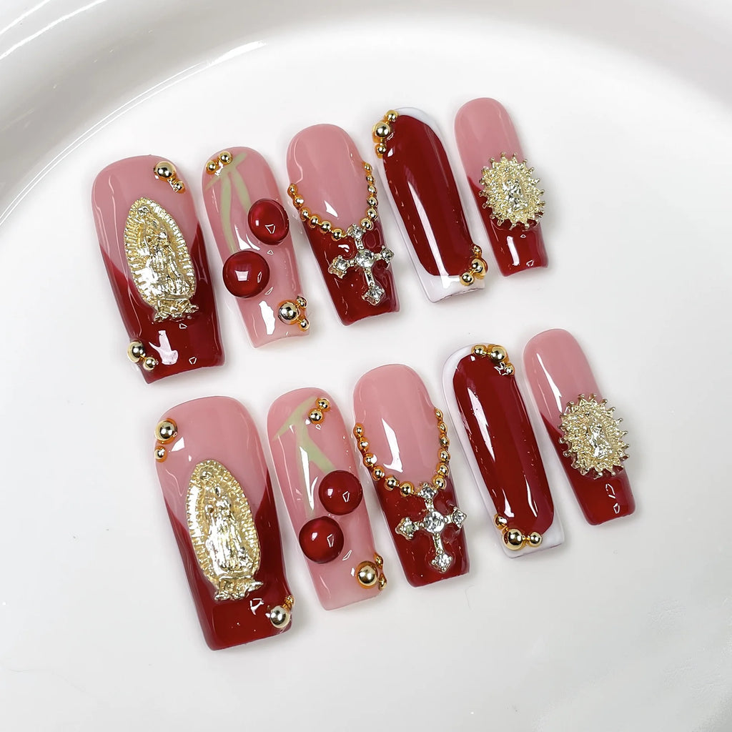 10Pcs 3D Green Flower Handmade Press on Nails French