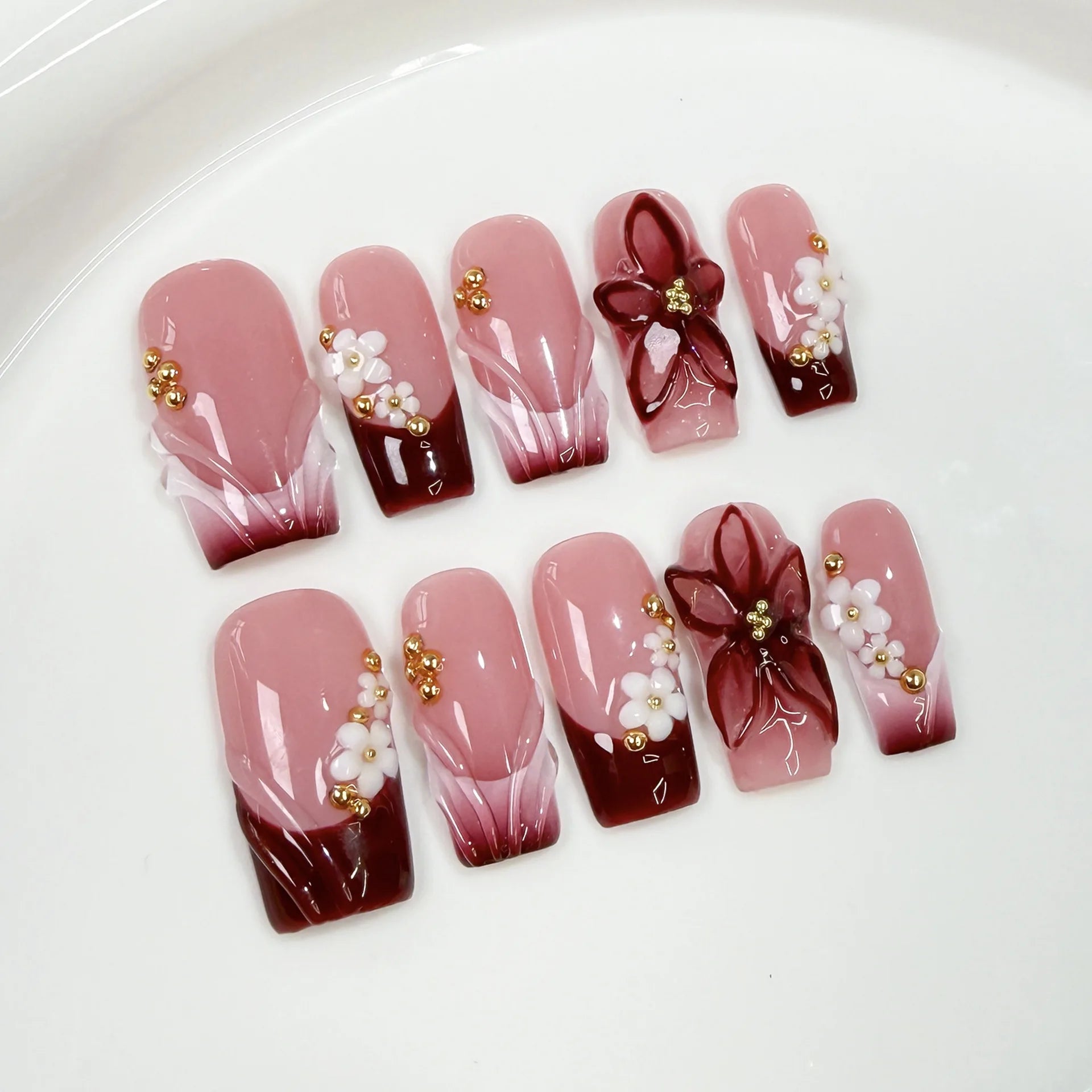 10Pcs 3D Green Flower Handmade Press on Nails French