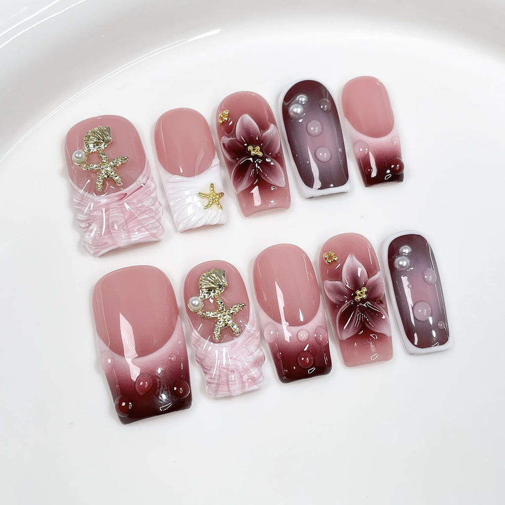 10Pcs 3D Green Flower Handmade Press on Nails French