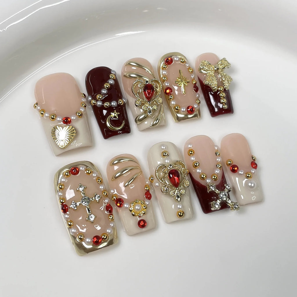 10Pcs 3D Green Flower Handmade Press on Nails French