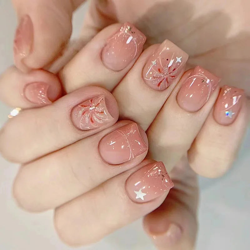 24Pcs Oval Short Pink Press on Nails Simple Ombre