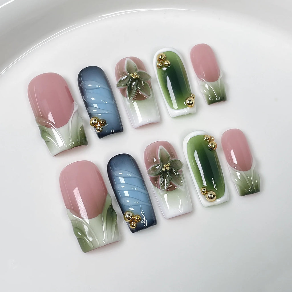 10Pcs 3D Green Flower Handmade Press on Nails French