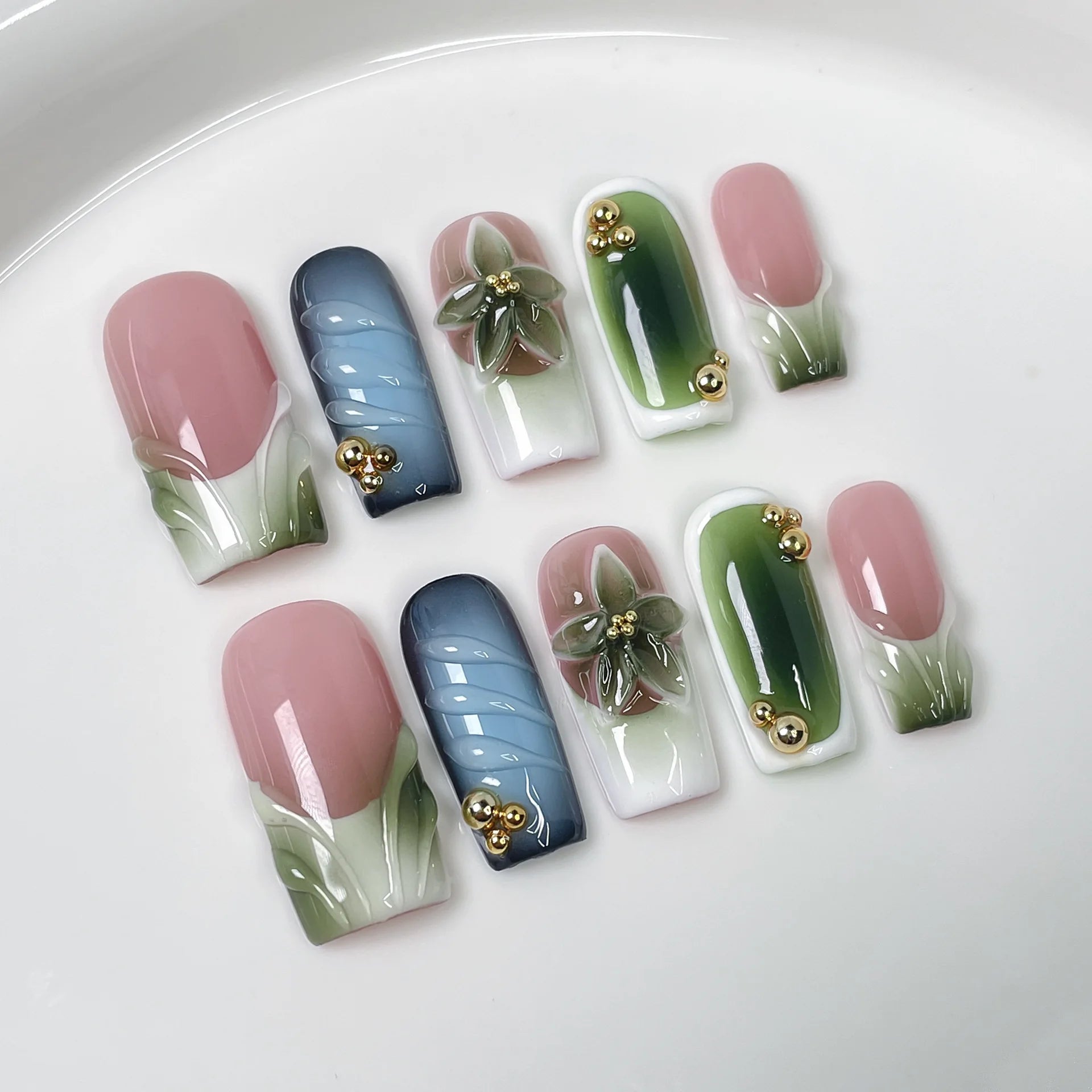 10Pcs 3D Green Flower Handmade Press on Nails French