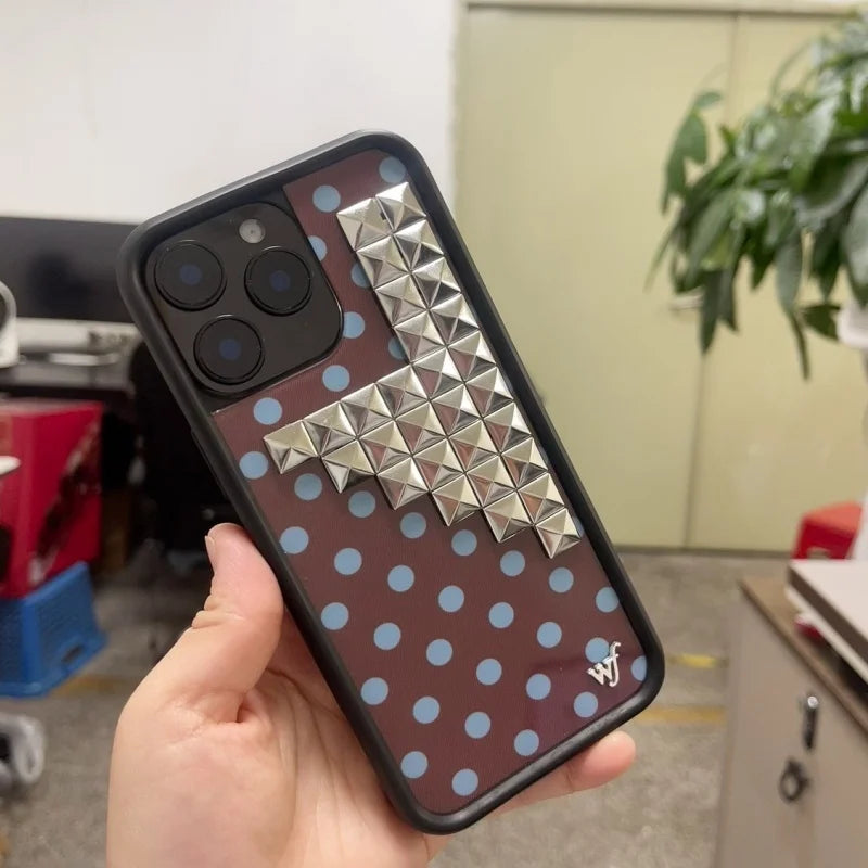 Wildflower 3D silver solid rivet with Polka Dots Phone case For iPhone