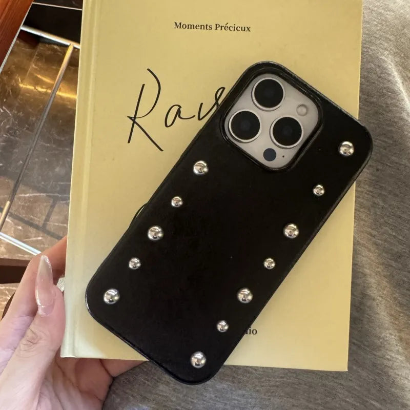 Silver round Rivet Leather phone case for iPhone