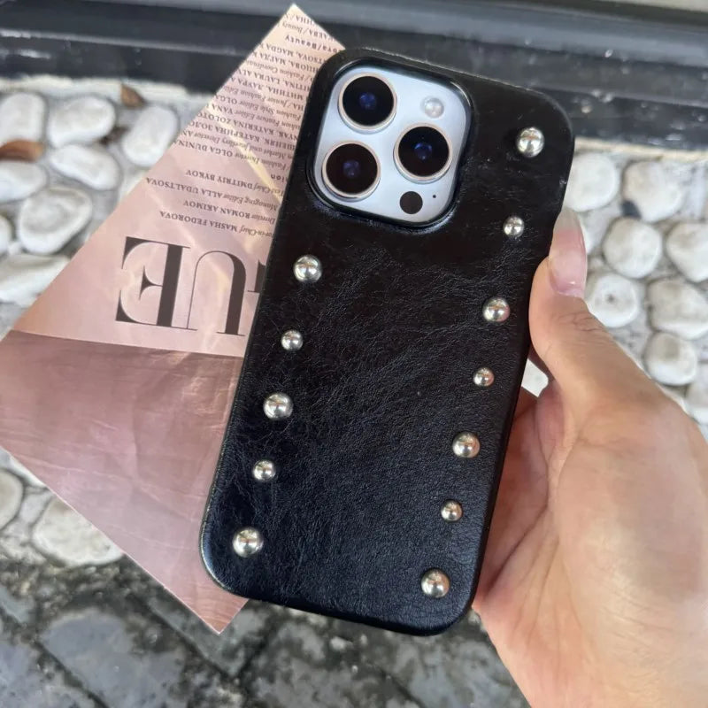 Silver round Rivet Leather phone case for iPhone
