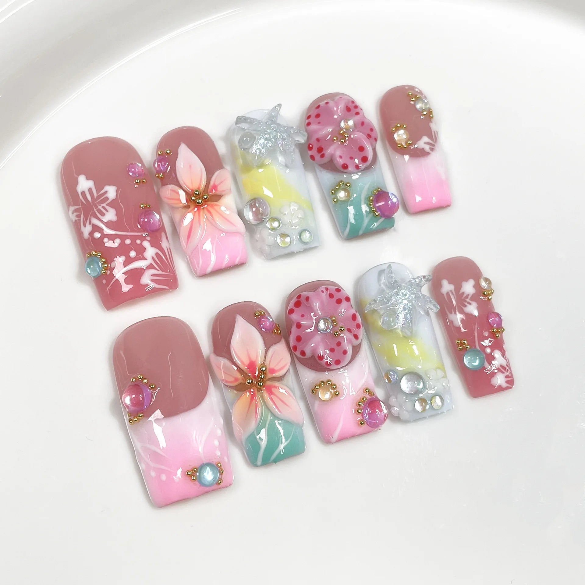 10Pcs 3D Green Flower Handmade Press on Nails French