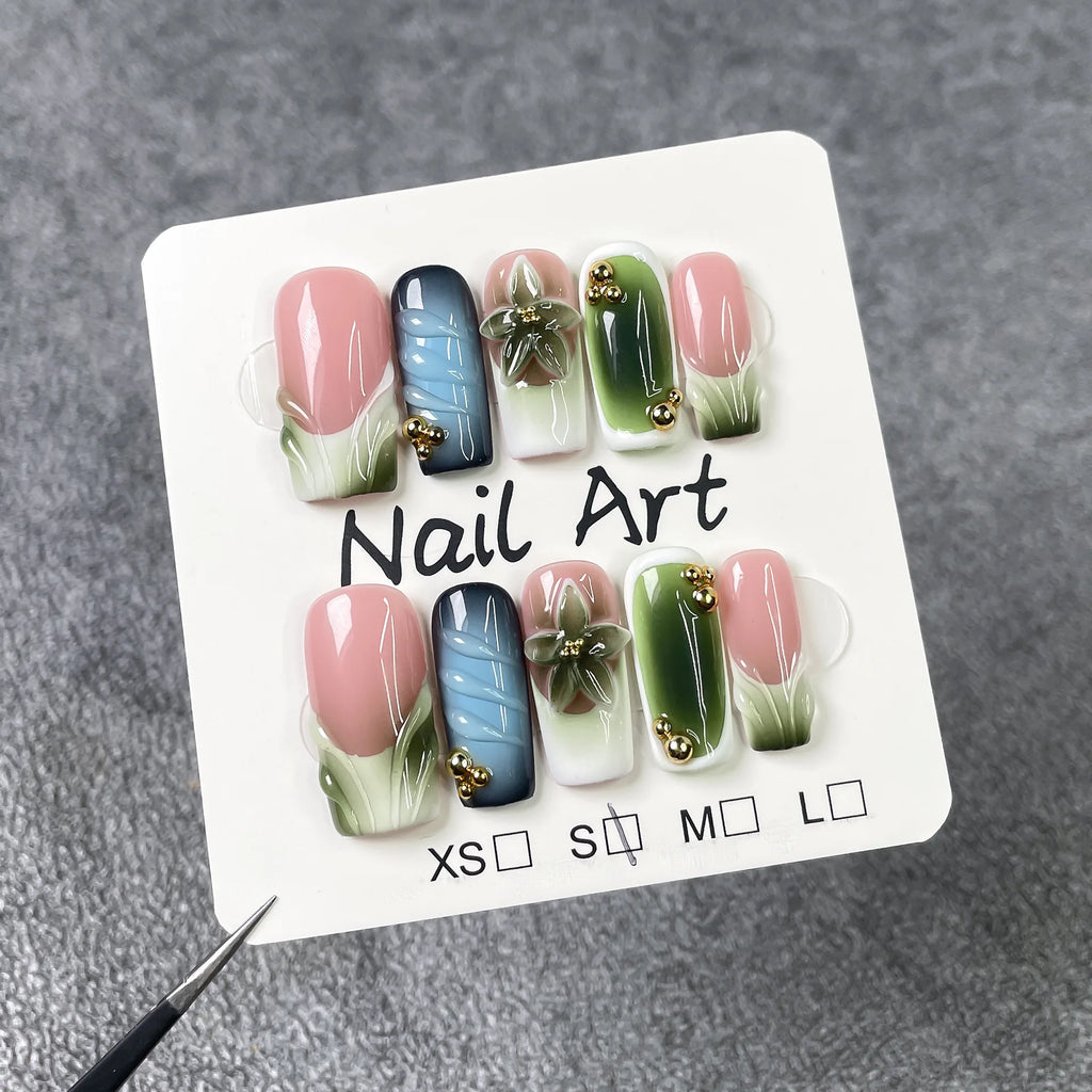 10Pcs 3D Green Flower Handmade Press on Nails French