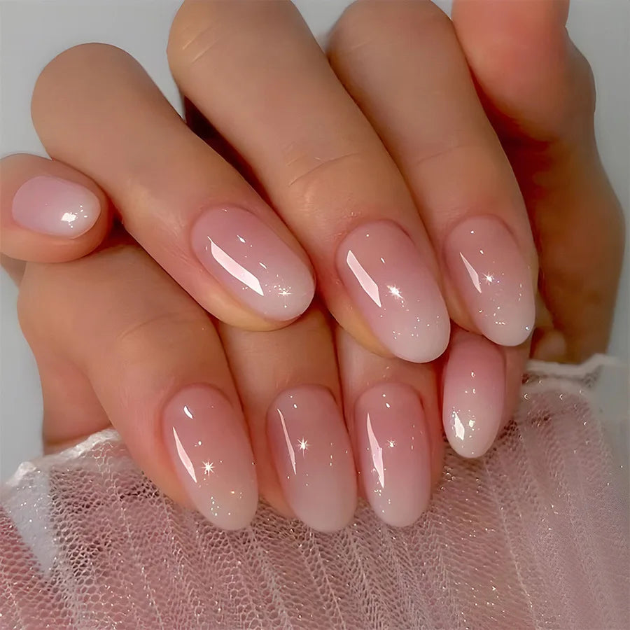 24Pcs Oval Short Pink Press on Nails Simple Ombre