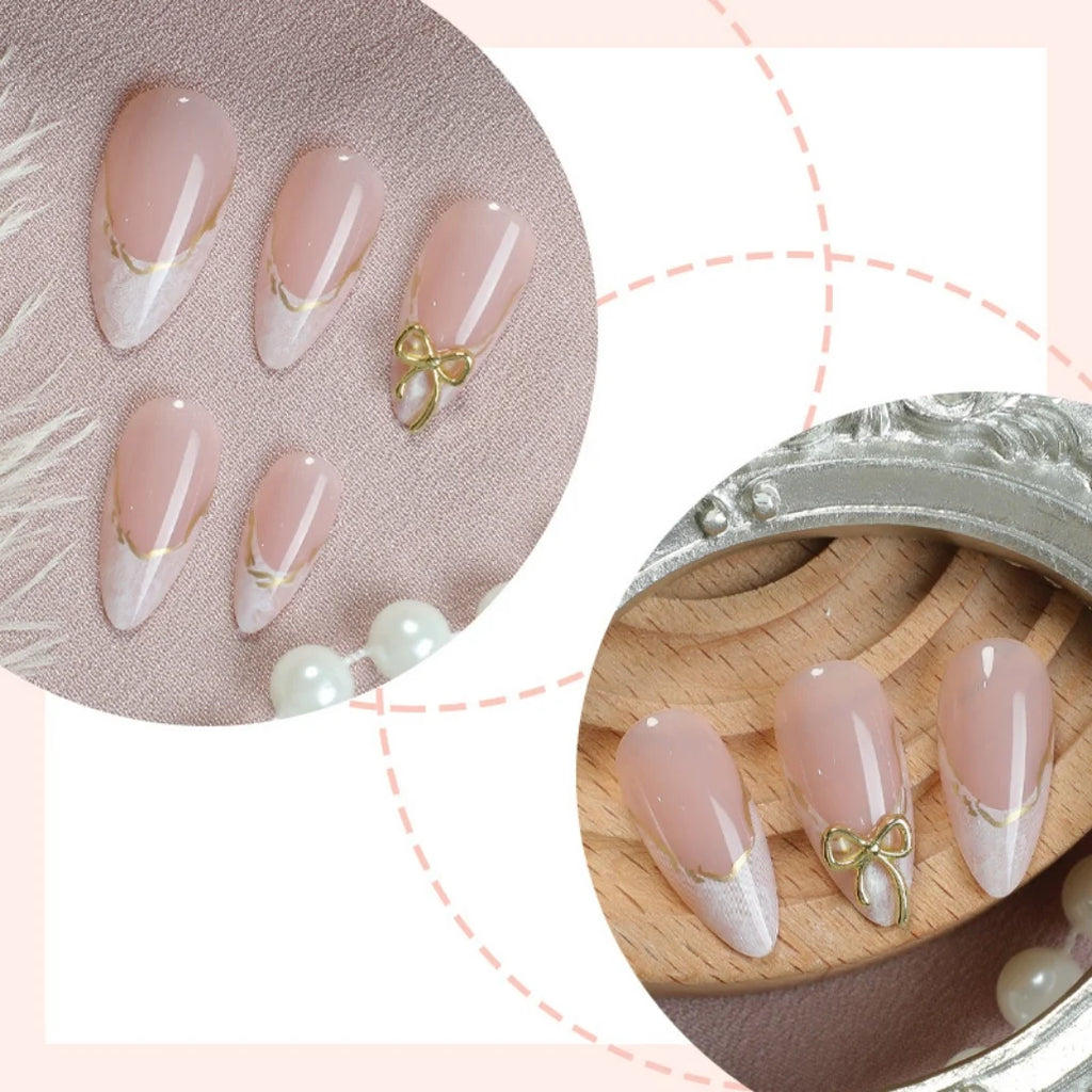 French Gold Edge Bow Press On Nails Almond Shape,
