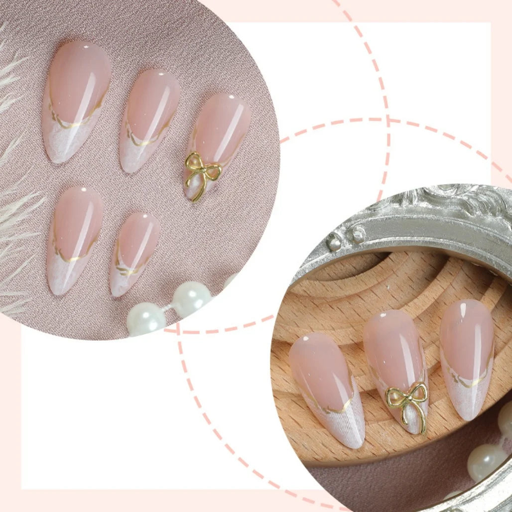 French Gold Edge Bow Press On Nails Almond Shape,