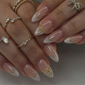French Gold Edge Bow Press On Nails Almond Shape,
