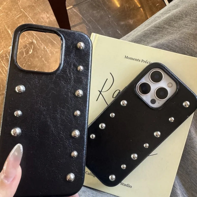 Silver round Rivet Leather phone case for iPhone