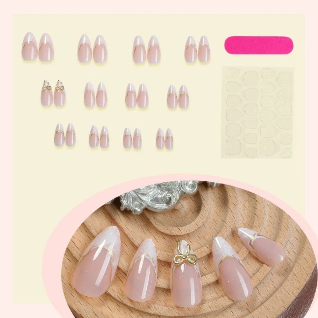 French Gold Edge Bow Press On Nails Almond Shape,