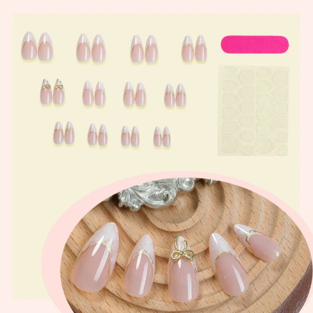 French Gold Edge Bow Press On Nails Almond Shape,