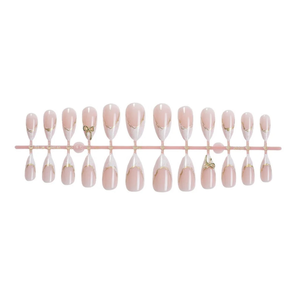 French Gold Edge Bow Press On Nails Almond Shape,