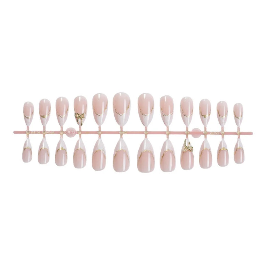 French Gold Edge Bow Press On Nails Almond Shape,