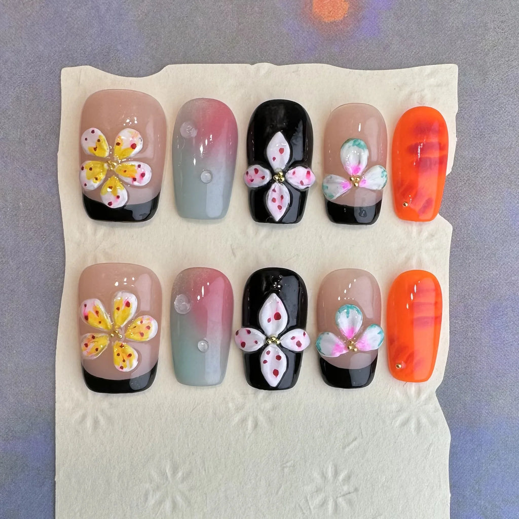 10Pcs 3D Green Flower Handmade Press on Nails French