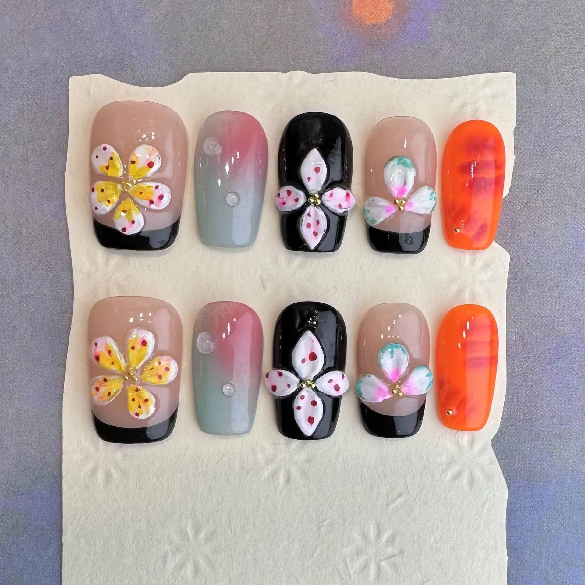 10Pcs 3D Green Flower Handmade Press on Nails French