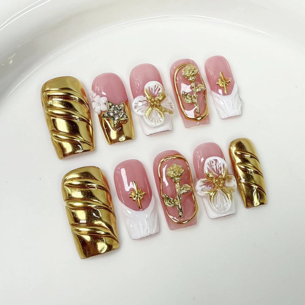 10Pcs 3D Green Flower Handmade Press on Nails French