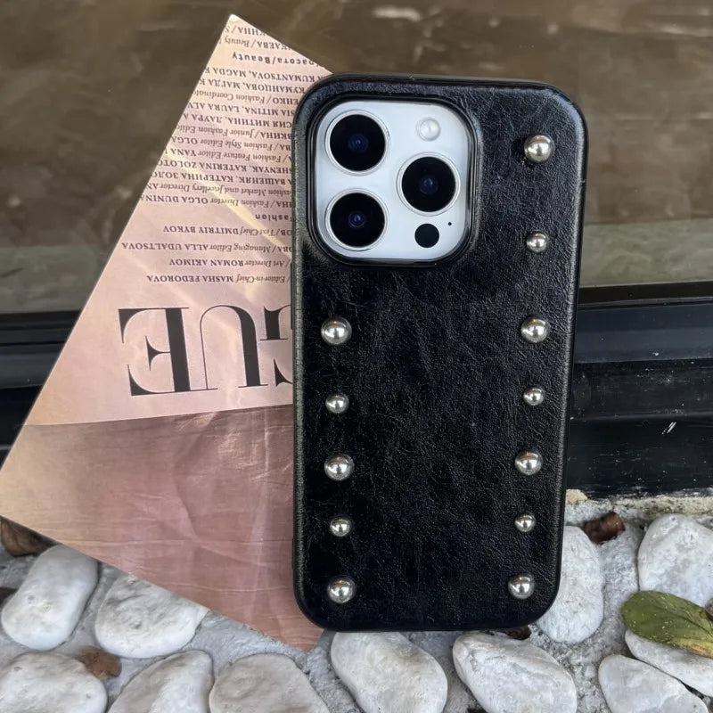Silver round Rivet Leather phone case for iPhone