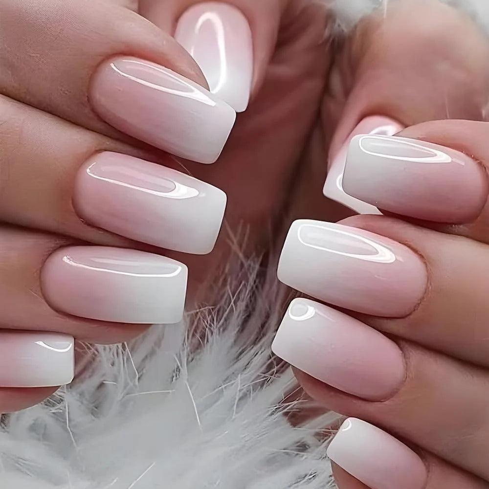24Pcs Oval Short Pink Press on Nails Simple Ombre