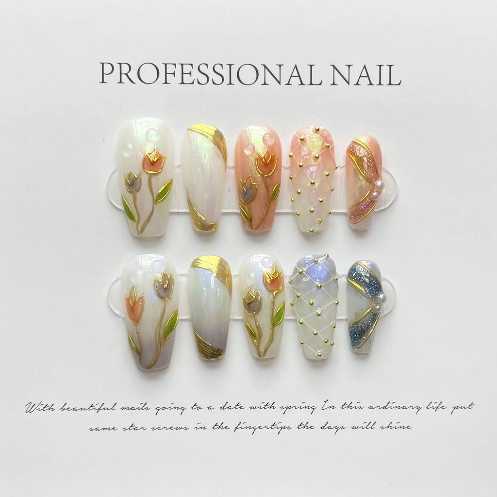 10Pcs 3D Green Flower Handmade Press on Nails French