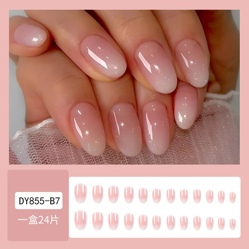 24Pcs Oval Short Pink Press on Nails Simple Ombre