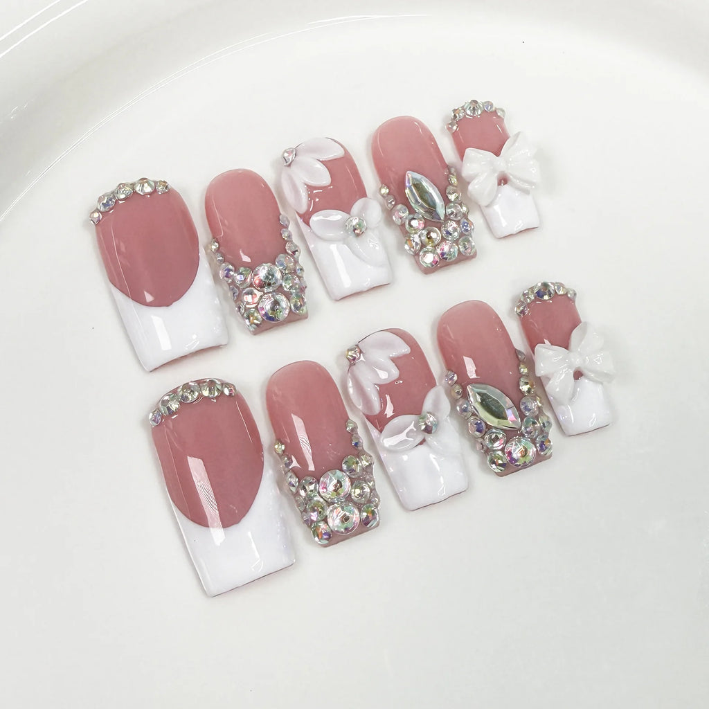 10Pcs 3D Green Flower Handmade Press on Nails French