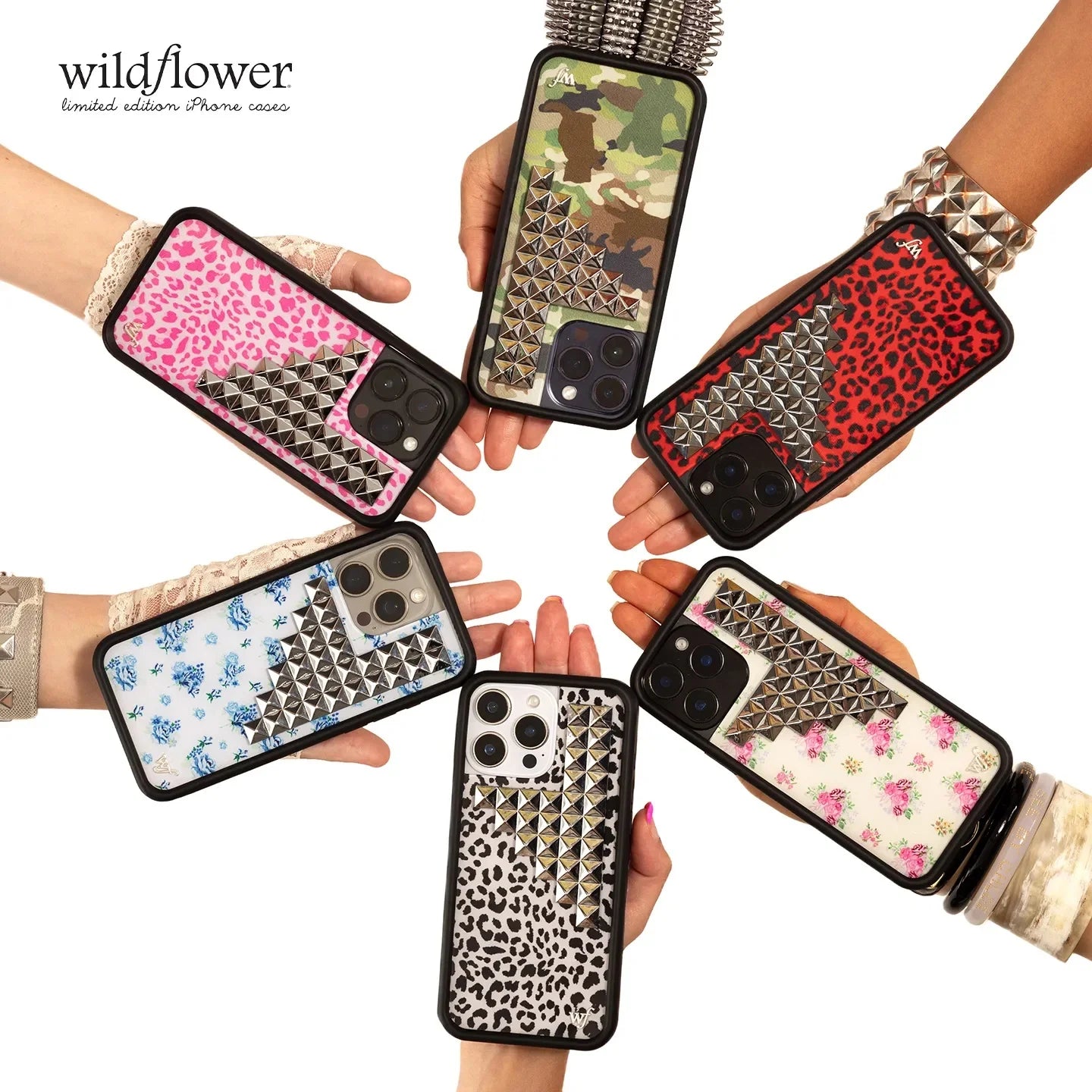 Wildflower Studs Collection Phone Case for iPhone 17ProMax 12 13 14 15 16 17 Pro Max Plus Air Custom 3D Rivet shockproof Cover