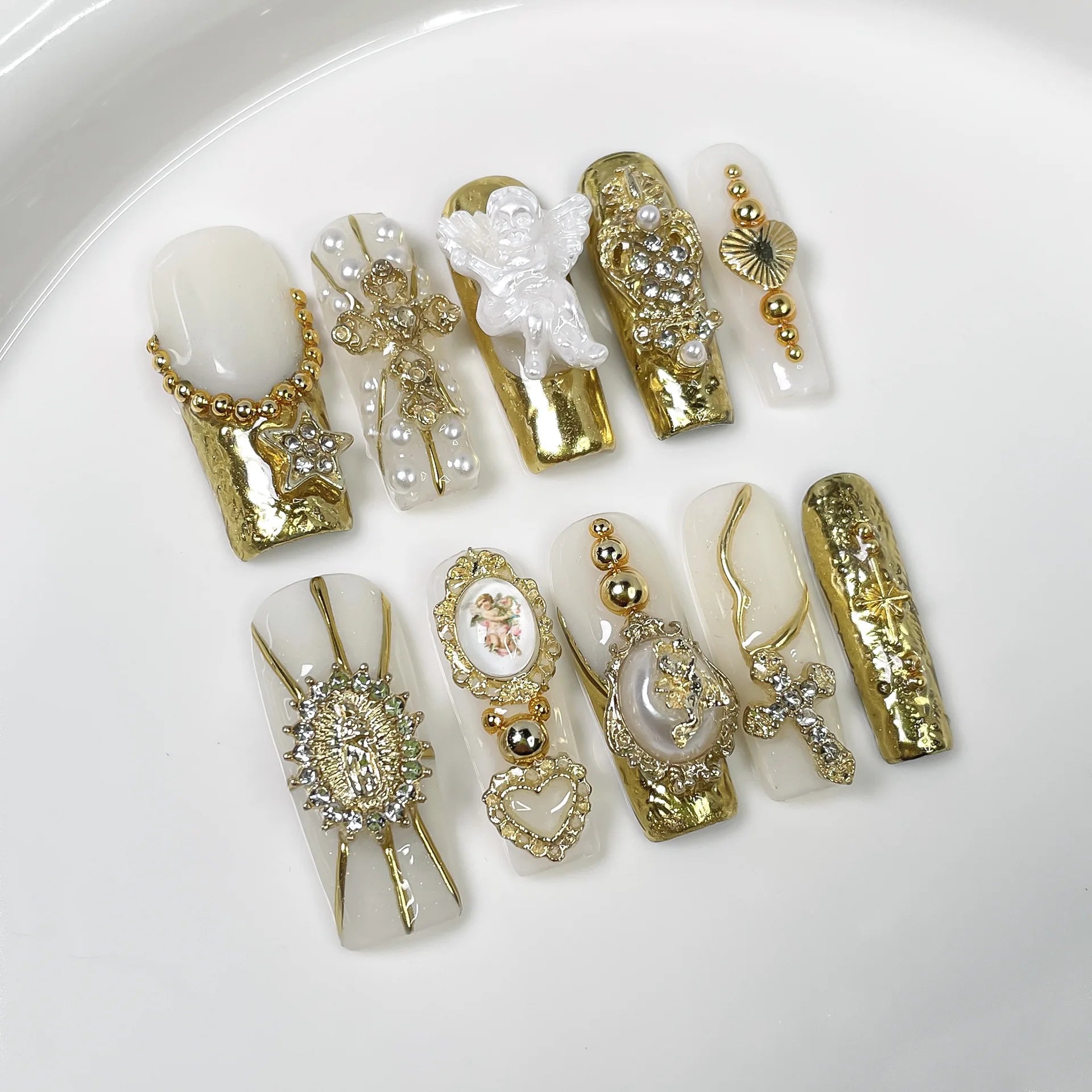 10Pcs 3D Green Flower Handmade Press on Nails French