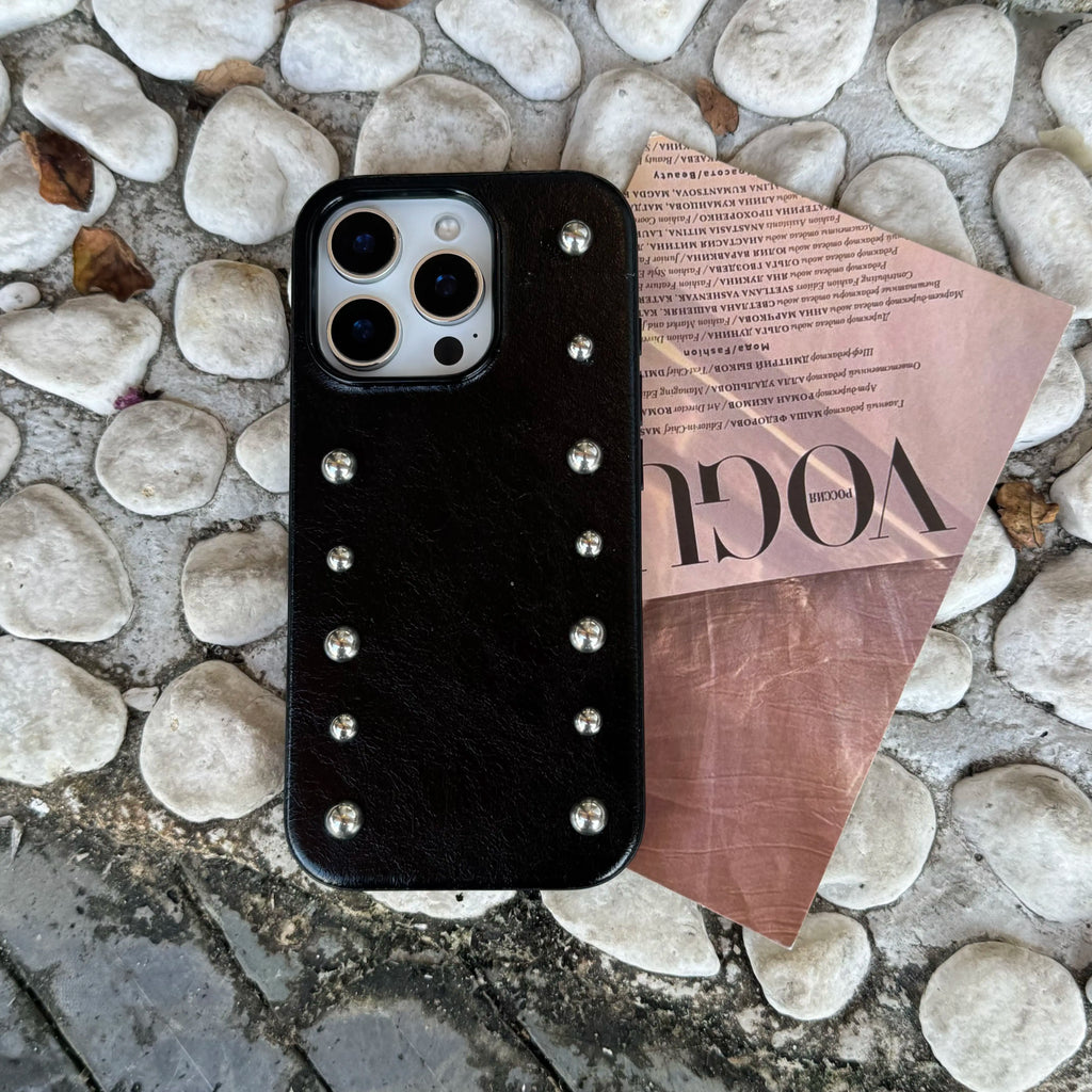 Silver round Rivet Leather phone case for iPhone