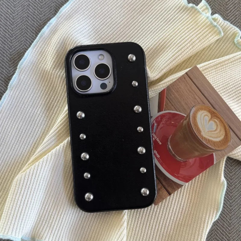 Silver round Rivet Leather phone case for iPhone