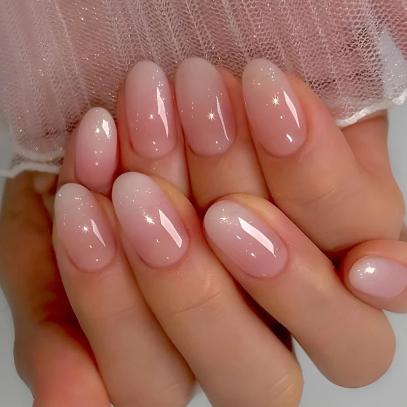 24Pcs Oval Short Pink Press on Nails Simple Ombre
