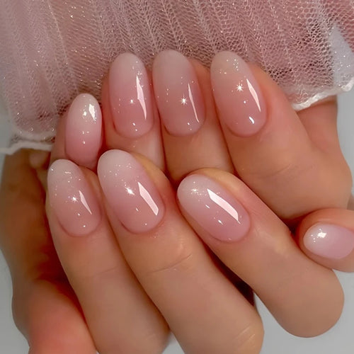 24Pcs Oval Short Pink Press on Nails Simple Ombre
